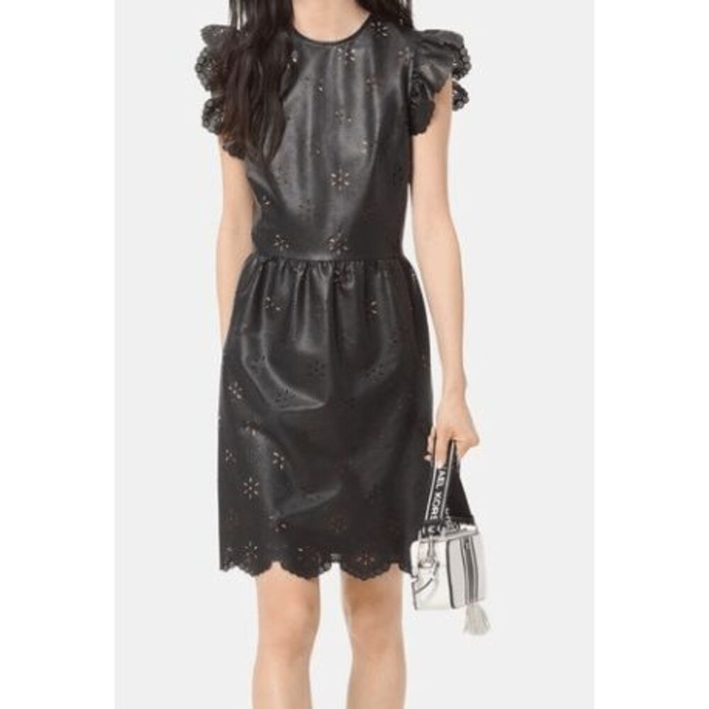 Michael Kors Women's Size 12 Black Perforated Faux Leather Ruffle Sleeve Dress